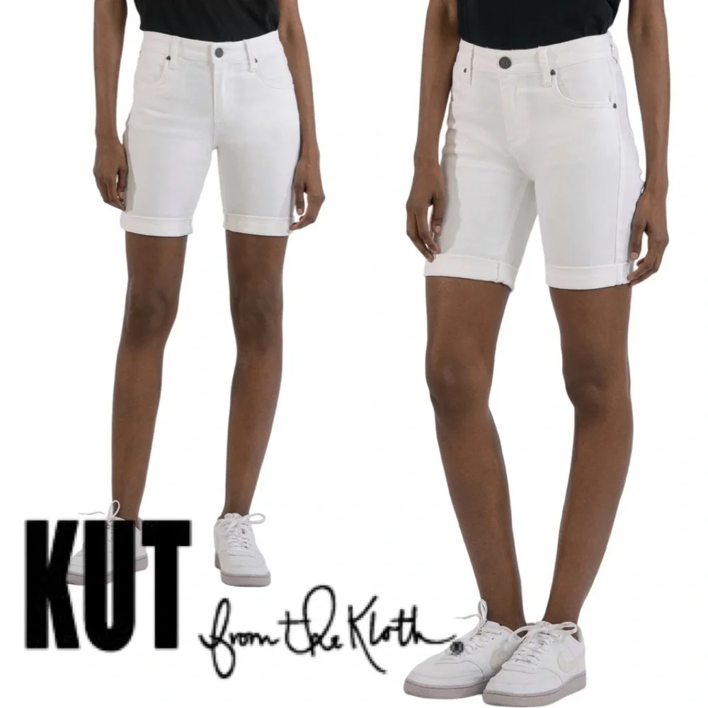 Kut from the Kloth Natalie Mid Rise Bermuda Denim Shorts White Size 0 - Picture 3 of 16